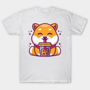 Cute shiba inu dog drinking boba milk tea cartoon T-Shirt